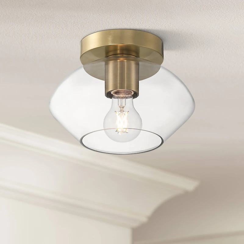 Possini Euro Design Gustin Modern Ceiling Light Semi Flush-Mount Fixture 8 3/4" Brass Clear Glass for Bedroom Kitchen Living Room