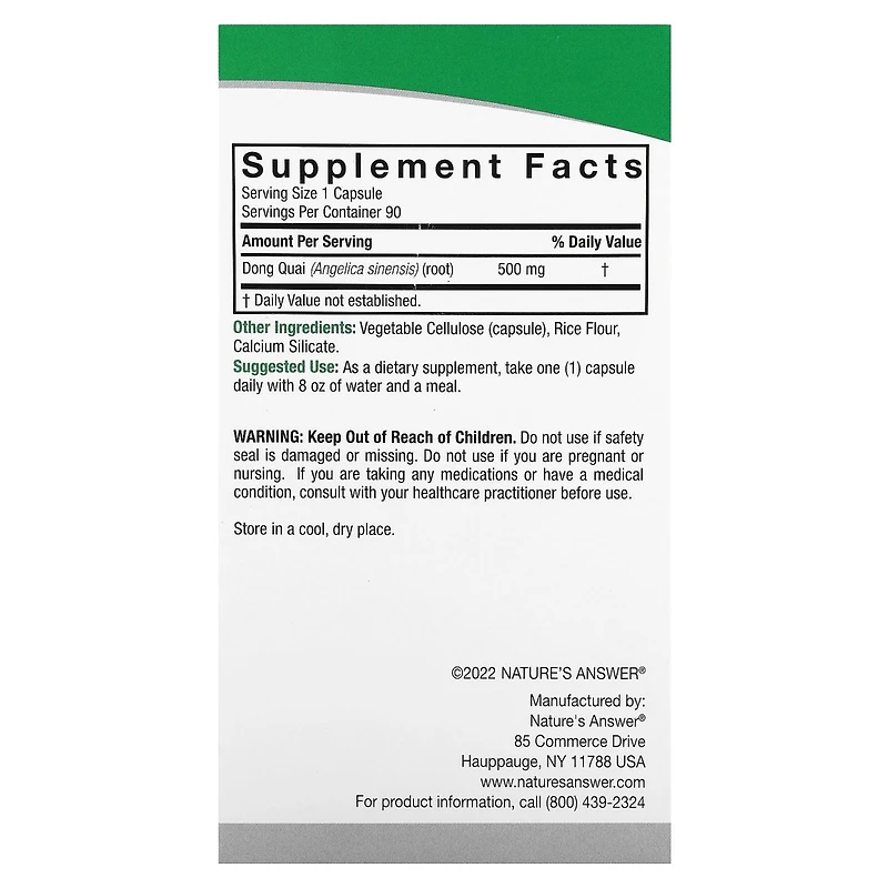 Nature's Answer Dong Quai 500 mg - 90 Vegetarian Capsules