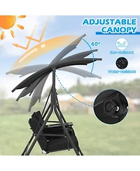 2-Person Canopy Porch Swing Padded Chair Cooler Bag Rotatable Tray Black