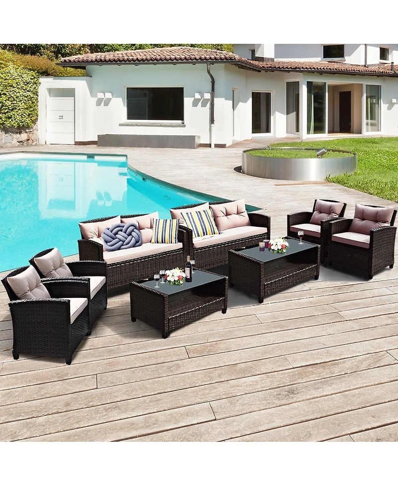 8PCS Outdoor Rattan Furniture Set Cushioned Sofa Armrest Table