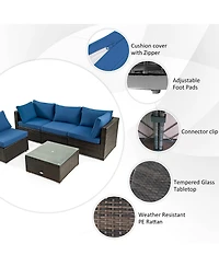 6PCS Patio Rattan Furniture Set 42'' Fire Pit Table Cover Sofa Cushion