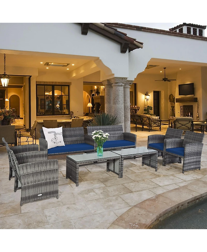 Costway 8PCS Patio Rattan Furniture Set Conversation Glass Table Top Cushioned Sofa