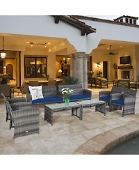 Costway 8PCS Patio Rattan Furniture Set Conversation Glass Table Top Cushioned Sofa