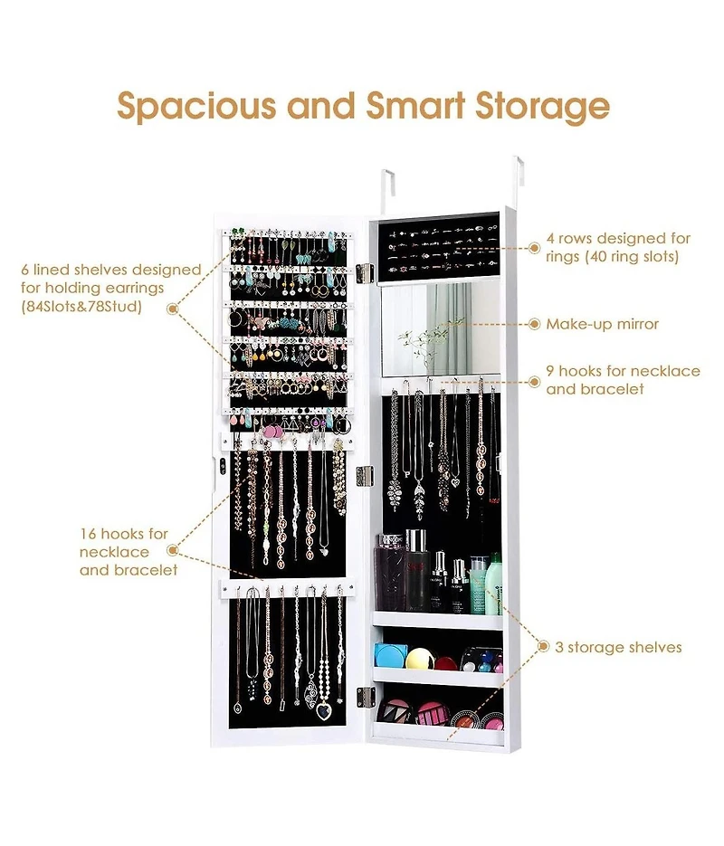 Sugift Full Length Mirror Jewelry Cabinet with Ring Slots and Necklace Hooks-White