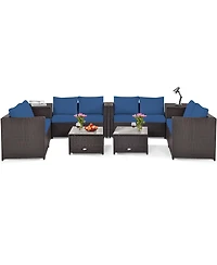 Costway 8PCS Outdoor Patio Rattan Furniture Set Cushioned Loveseat Storage Table Navy