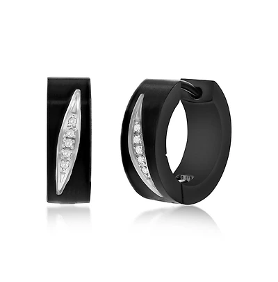 Metallo Stainless Steel, Ip Black Plated Cz Designed Huggie Hoop Earrings