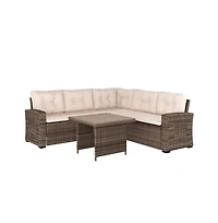 Merrick Lane Shelton Indoor/Outdoor L-Shaped Sofa/Dining Table Conversation Set With Wicker Rattan Construction And Weather-Resistant Cushions