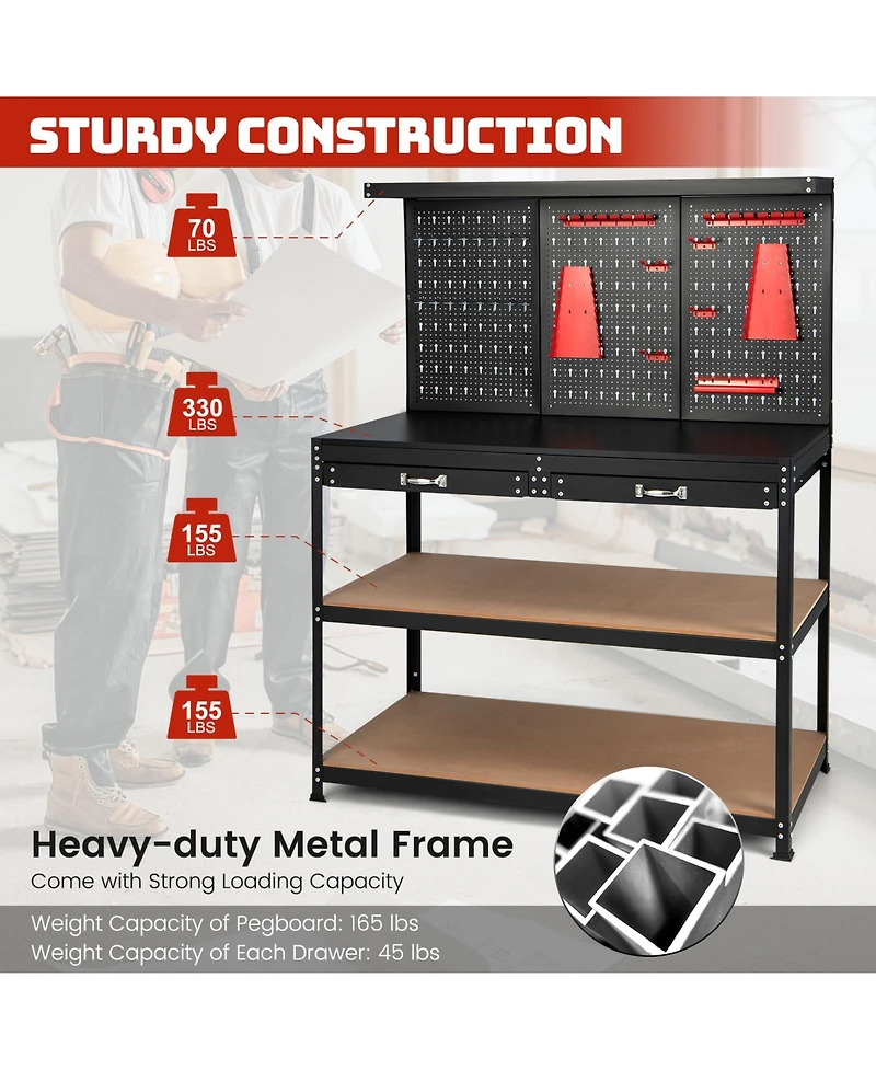 Slickblue 48 Inch Workbench with Pegboard and Drawers-Black