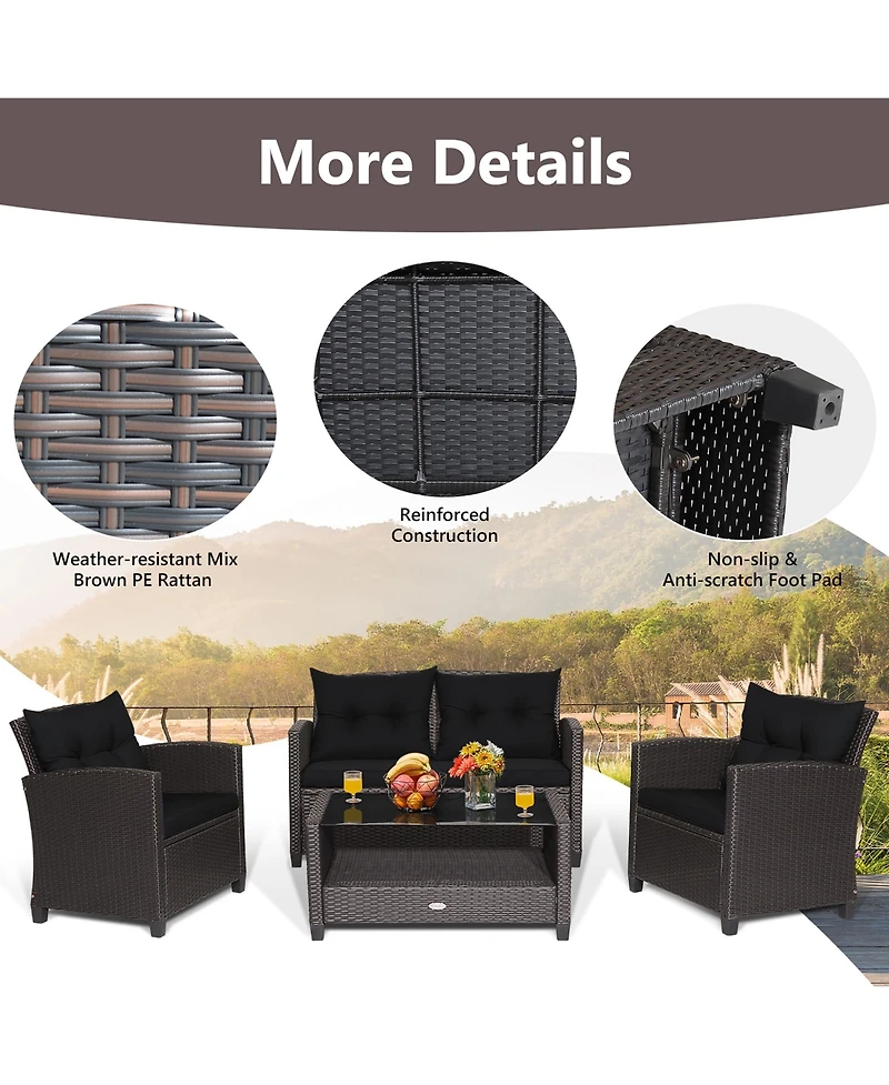 8 Pcs Patio Rattan Furniture Set Glass Table Shelf Sofa Cushion Black