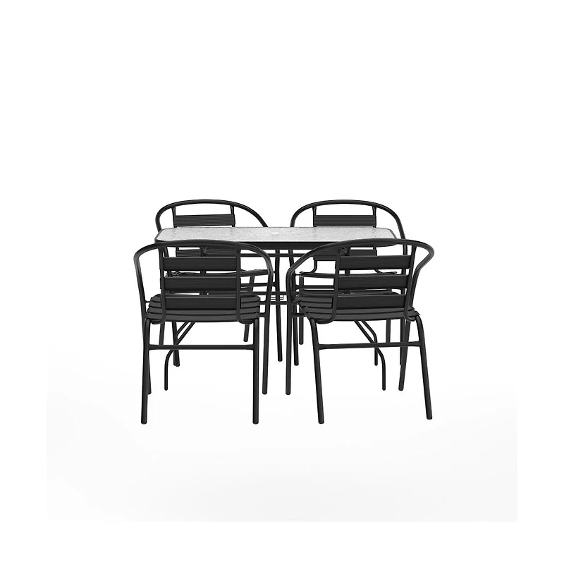 Merrick Lane Laney 5 Piece Outdoor Dining Set With Tempered Glass Patio Table, 4 Stackable Metal Slat Chairs