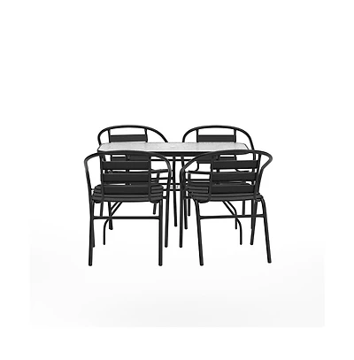 Merrick Lane Laney 5 Piece Outdoor Dining Set With Tempered Glass Patio Table, 4 Stackable Metal Slat Chairs