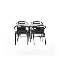 Merrick Lane Laney 5 Piece Outdoor Dining Set With Tempered Glass Patio Table, 4 Stackable Metal Slat Chairs