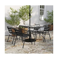 Merrick Lane Laney 5 Piece Outdoor Dining Set With Tempered Glass Patio Table, 4 Stackable Metal Slat Chairs