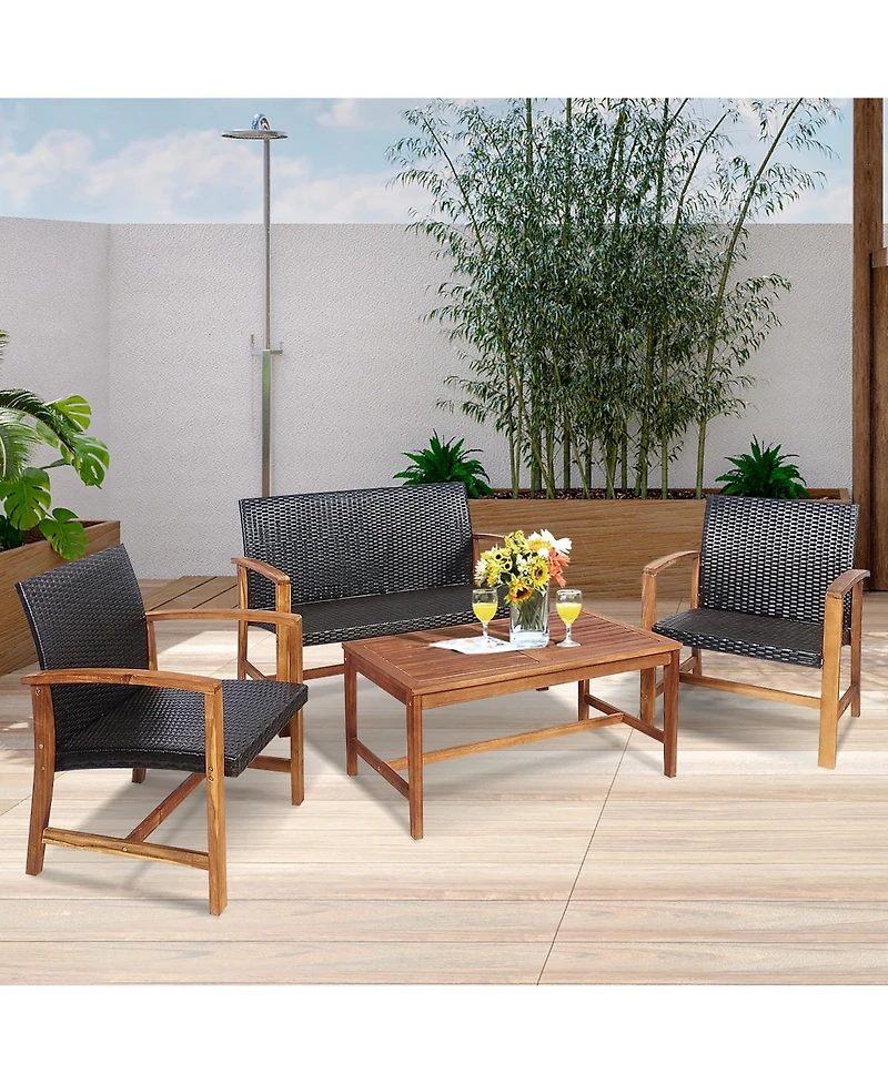 Costway 8PCS Outdoor Patio Rattan Furniture Set Acacia Wood Frame Sofa Loveseat Garden