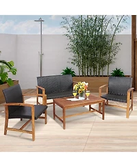 Costway 8PCS Outdoor Patio Rattan Furniture Set Acacia Wood Frame Sofa Loveseat Garden