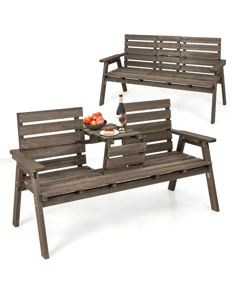 Slickblue Outdoor Fir Wood Bench with Foldable Middle Table-Gray