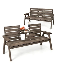 Slickblue Outdoor Fir Wood Bench with Foldable Middle Table-Gray