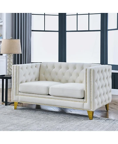 Streamdale Furniture Beige Velvet Sofa with Tufted Square Arm