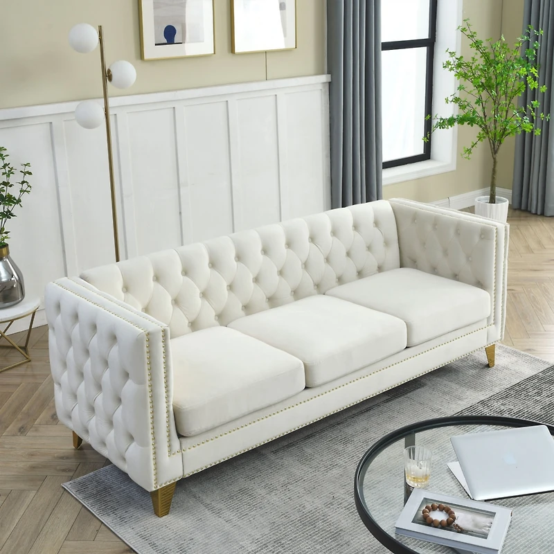Streamdale Furniture Beige Velvet Sofa with Tufted Arms and Metal Legs
