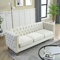 Streamdale Furniture Beige Velvet Sofa with Tufted Arms and Metal Legs