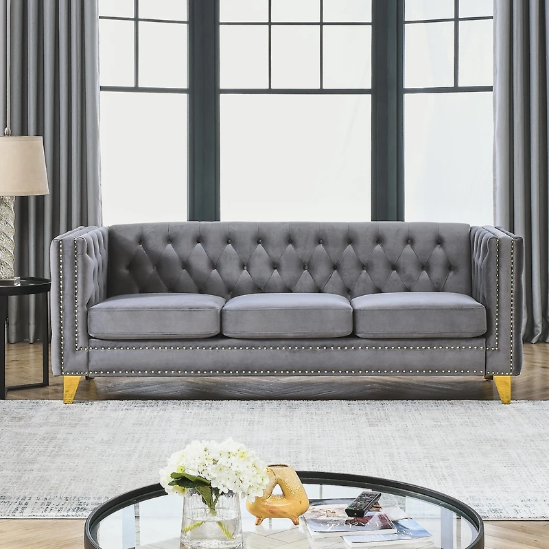 Streamdale Furniture Modern Grey Velvet Sofa with Metal Legs