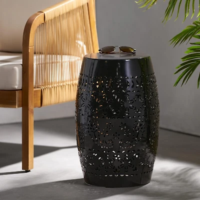 Simplie Fun Modern Barrel Side Table with Lace Cut Design