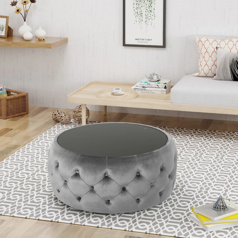 Modern Glam Diamond Tufted Velvet Ottoman with Tempered Glass Top
