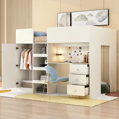 Simplie Fun Wood Full Size Loft Bed with Built-in Wardrobe, Desk, Storage Shelves and Drawers, Beige