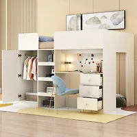Simplie Fun Wood Full Size Loft Bed with Built-in Wardrobe, Desk, Storage Shelves and Drawers, Beige
