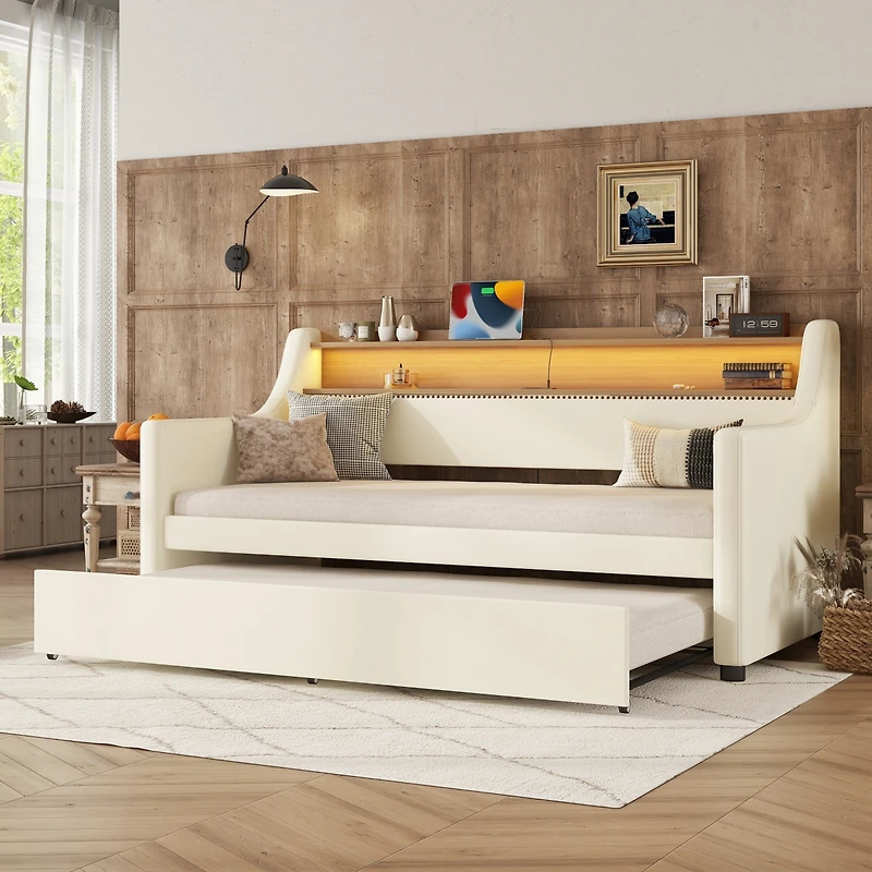 Simplie Fun Twin Size Daybed with Trundle, Upholstered Daybed with Charging Station and Led Lights, White