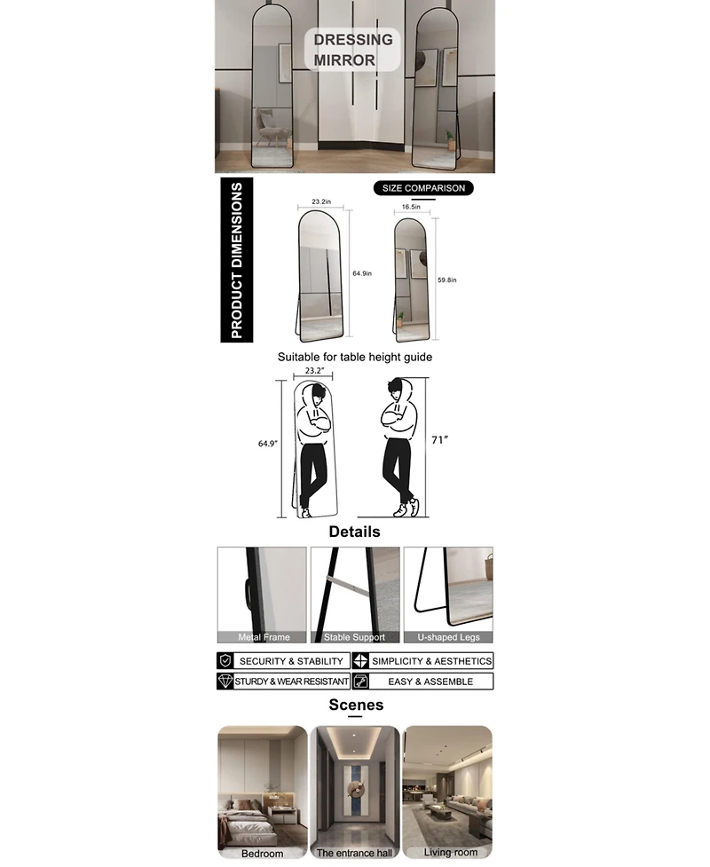 Streamdale Premium Full-Body Mirror with Space-Saving Aluminum Frame