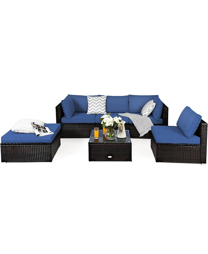 6PCS Outdoor Patio Rattan Furniture Set Cushioned Sectional Sofa