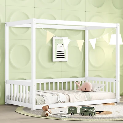 Simplie Fun Twin Size Canopy Frame Floor Bed with Fence, Guardrails, White