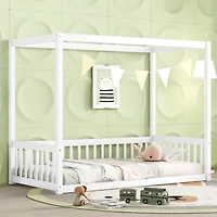 Simplie Fun Twin Size Canopy Frame Floor Bed with Fence, Guardrails, White