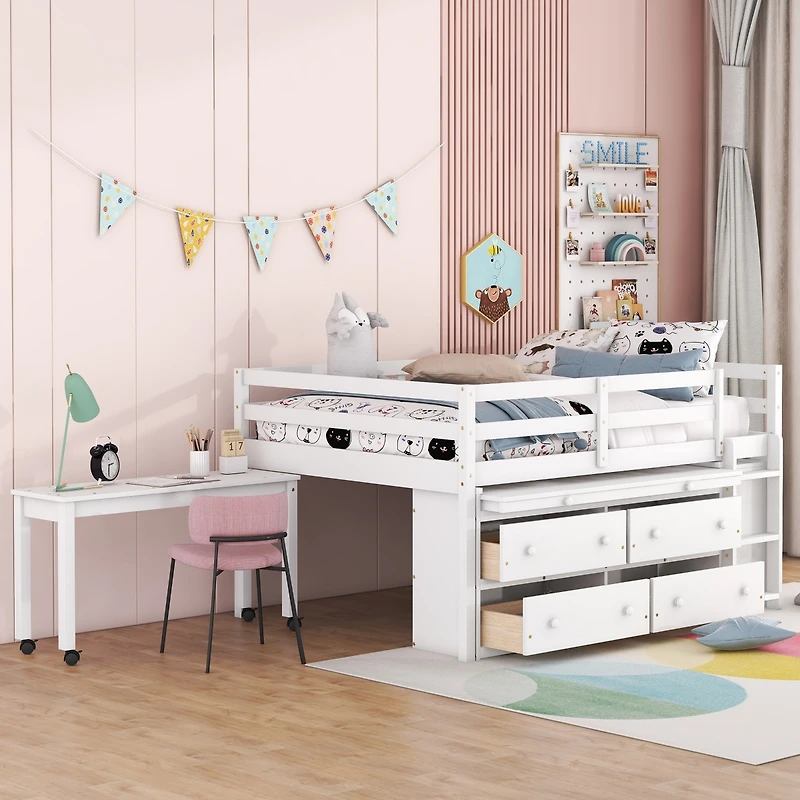 Streamdale White Loft Bed with Desk and Drawers