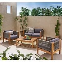 Simplie Fun Serene Outdoor Haven Modern Rattan & Acacia Wood Lounge Set
