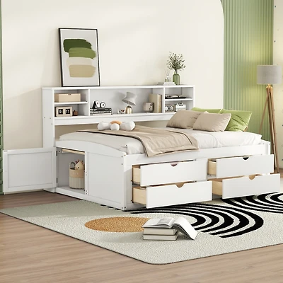 Simplie Fun Full Size Wood Daybed with 2 Bedside Cabinets, Upper Shelves and 4 Drawers, White