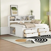 Simplie Fun Full Size Wood Daybed with 2 Bedside Cabinets, Upper Shelves and 4 Drawers, White