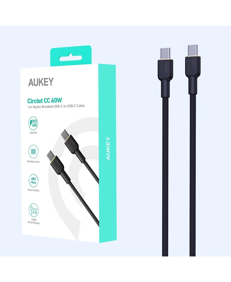 Aukey Cb-NCC2 1.8m Nylon Braided Usb-c to Usb-c Cable 60W/480Mbps