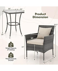 Gymax 3-Piece Patio Furniture Set Pe Wicker Conversation Bistro Set w/ A Tempered Glass Table