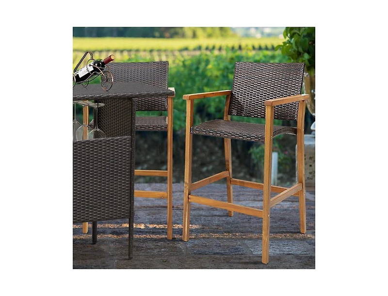 Slickblue Set of 2 Pe Wicker Patio Bar Chairs with Acacia Wood Armrests-Set of 2
