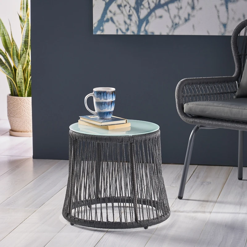 Streamdale Furniture Boho-Chic Glass-Top End Table with Woven Rope Texture