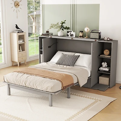 Streamdale Full Murphy Bed with Shelves, Drawers and Usb Ports, Gray