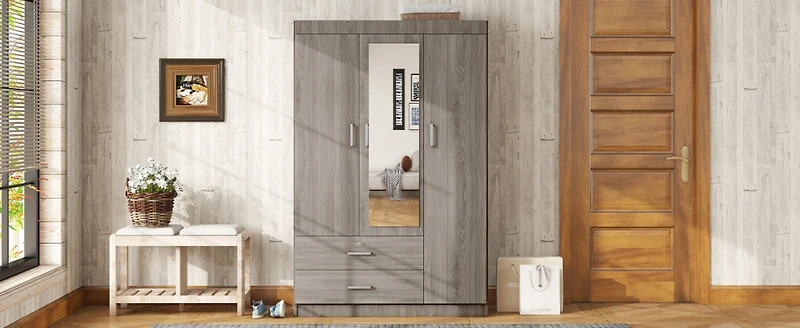 Streamdale 3-Door Mirror Wardrobe with shelves, Gray