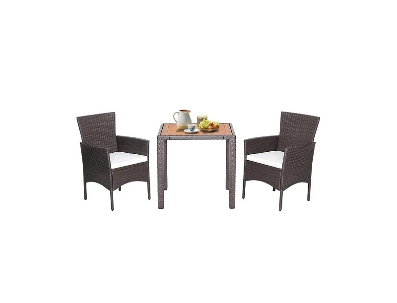 Slickblue 3 Pieces Patio Wicker Furniture Set wih Acacia Wood Table Top and Chair Cushiones