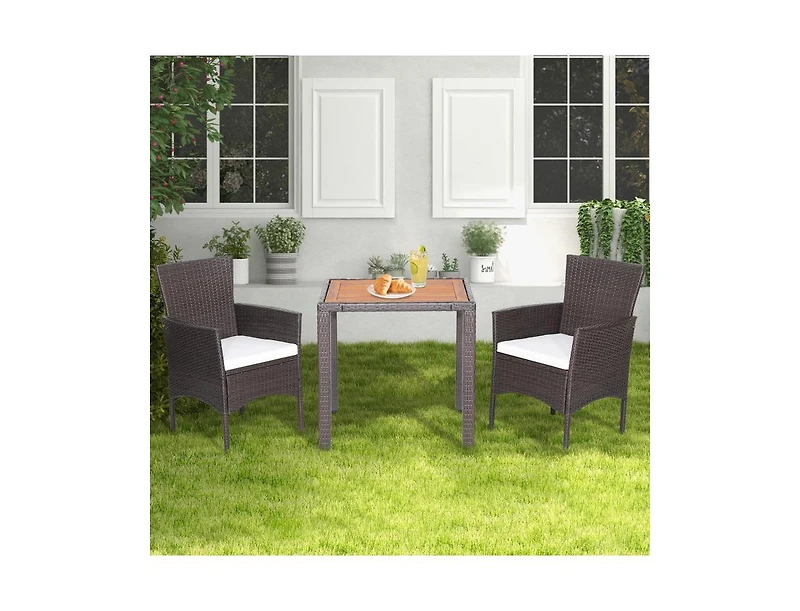 Slickblue 3 Pieces Patio Wicker Furniture Set wih Acacia Wood Table Top and Chair Cushiones