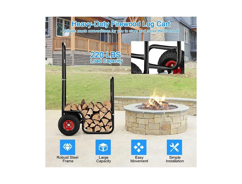 Slickblue Firewood Log Cart Carrier with Wear-Resistant and Shockproof Rubber Wheels