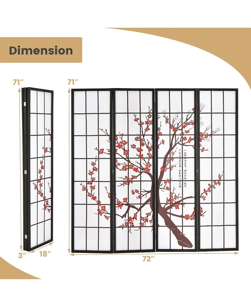 Slickblue 6FT Folding Decorative Oriental Privacy Screen with Plum Blossom Design for Home Office-White
