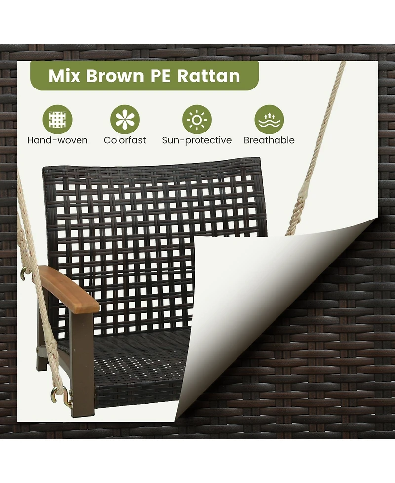 Slickblue Single Rattan Porch Swing with Armrests Cushion and Hanging Ropes-White