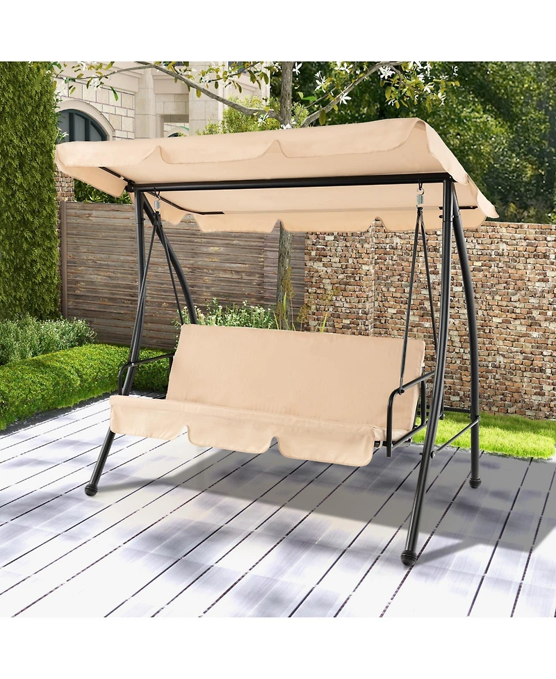 Slickblue 2-Seat Outdoor Convertible Swing Chair with Flat Bed and Adjustable Canopy-Beige